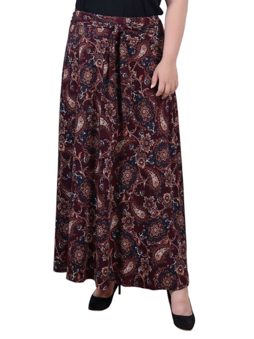 NY Collection Plus Size 2X Brown Paisley Maxi Skirt with Sash Tie NWT